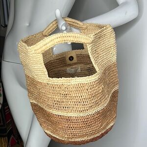 Mar Y Sol Bucket Double Handle Tan and Brown Raffia Woven Tote Bucket Bag